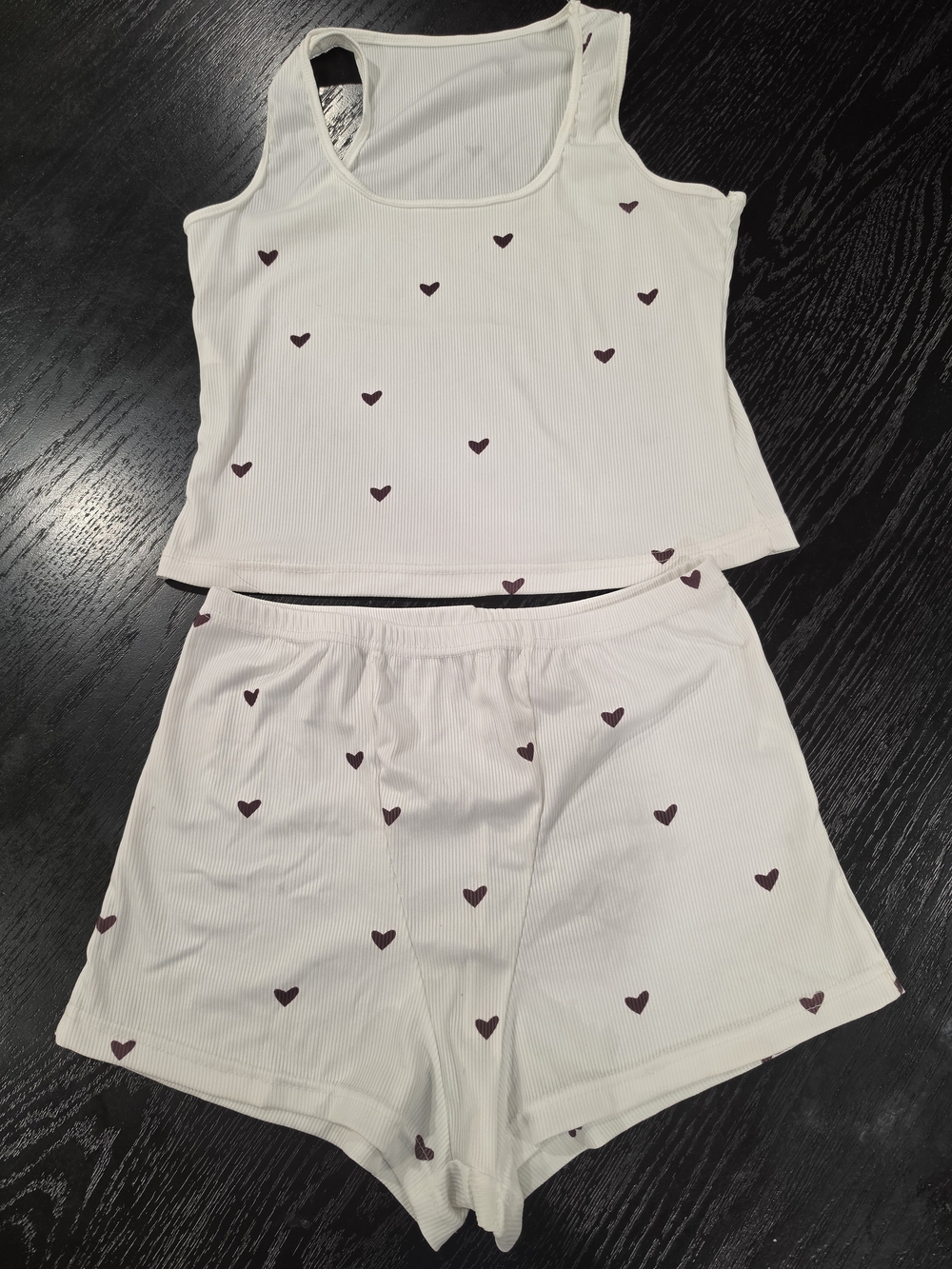 SHEIN White Ribbed Tank & Short Pajama Set with Maroon Heart Print